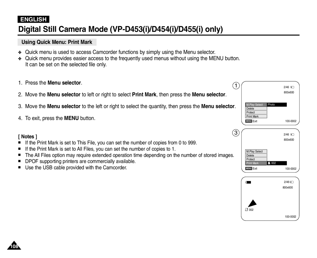 Samsung VP-D451(i), VP-D453(i), VP-D455(i), VP-D454(i) manual Using Quick Menu Print Mark 