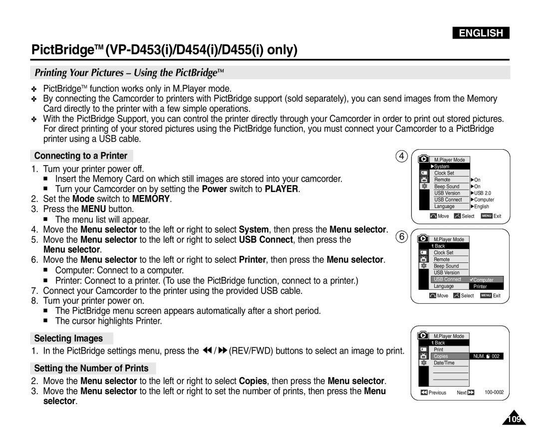 Samsung VP-D453(i) PictBridgeTM VP-D453i/D454i/D455i only, Printing Your Pictures Using the PictBridgeTM, Selecting Images 