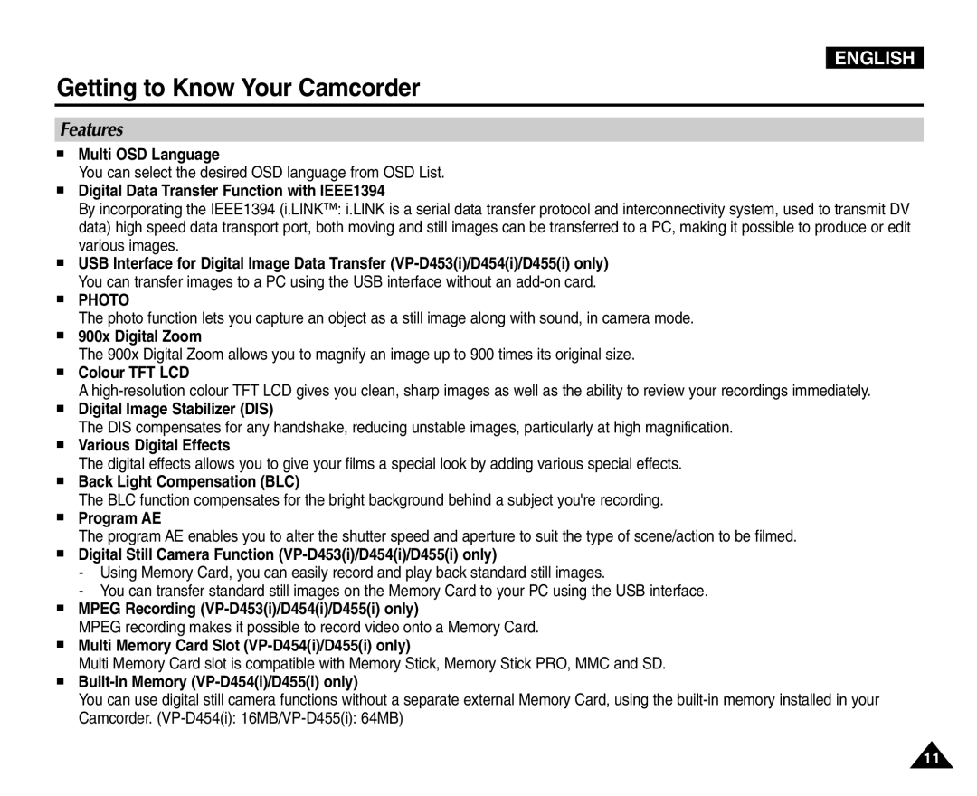 Samsung VP-D454(i), VP-D451(i), VP-D453(i), VP-D455(i) manual Getting to Know Your Camcorder, Features 