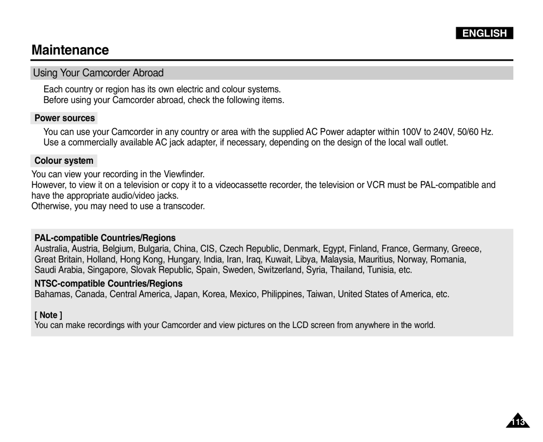 Samsung VP-D453(i), VP-D451(i) Using Your Camcorder Abroad, Power sources, Colour system, PAL-compatible Countries/Regions 