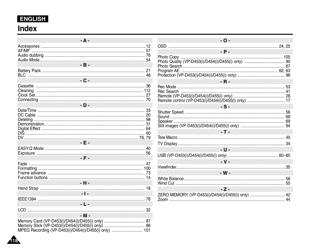 Samsung VP-D455(i), VP-D451(i), VP-D453(i), VP-D454(i) manual Index, 80~85 