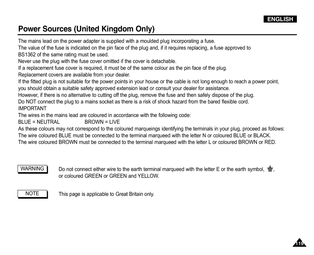 Samsung VP-D454(i), VP-D451(i), VP-D453(i), VP-D455(i) manual Power Sources United Kingdom Only, Blue = Neutral Brown = Live 