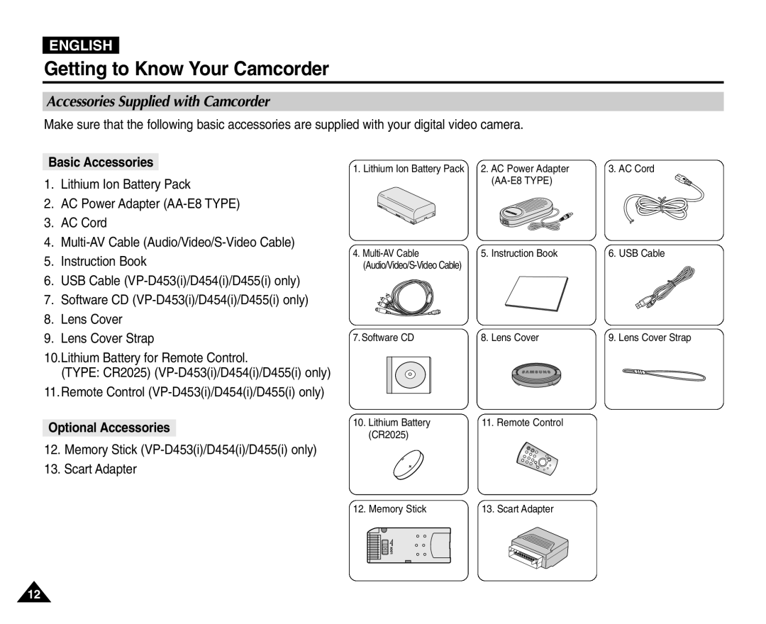 Samsung VP-D451(i), VP-D453(i), VP-D455(i) Accessories Supplied with Camcorder, Basic Accessories, Optional Accessories 