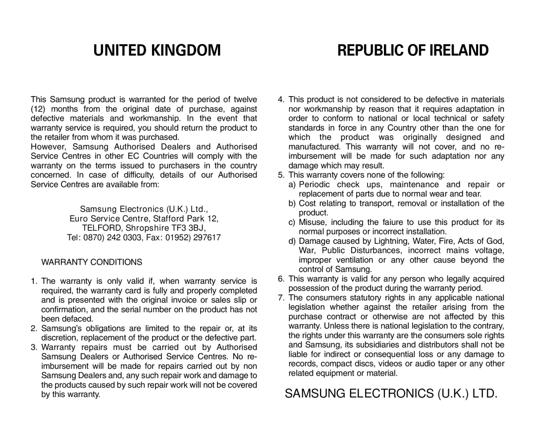 Samsung VP-D451(i), VP-D453(i), VP-D455(i), VP-D454(i) manual United Kingdom 