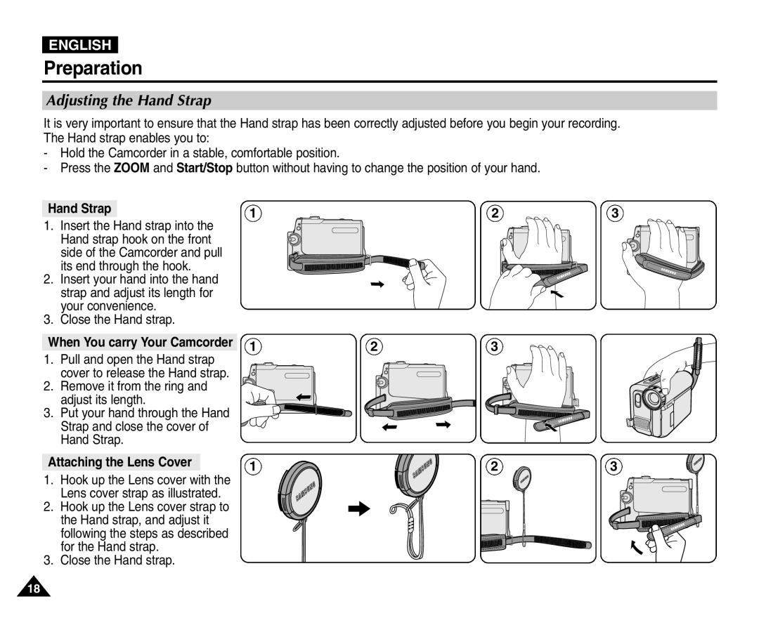 Samsung VP-D455(i), VP-D451(i) manual Preparation, Adjusting the Hand Strap, Close the Hand strap, Attaching the Lens Cover 