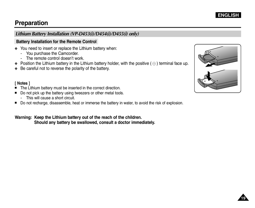 Samsung VP-D454(i) Lithium Battery Installation VP-D453i/D454i/D455i only, Battery Installation for the Remote Control 