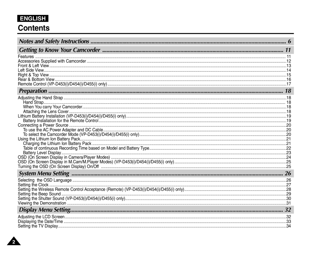 Samsung VP-D455(i), VP-D451(i), VP-D453(i), VP-D454(i) manual Contents 