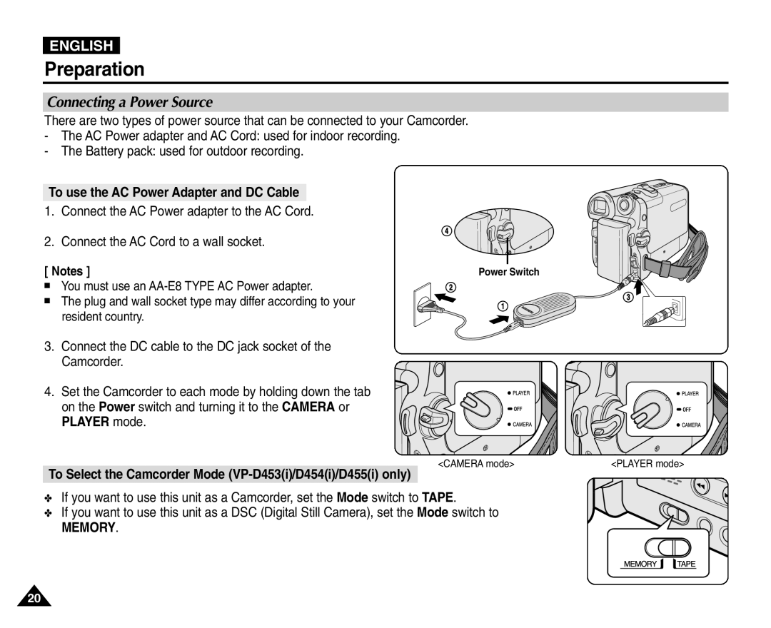 Samsung VP-D451(i), VP-D453(i), VP-D455(i), VP-D454(i) Connecting a Power Source, To use the AC Power Adapter and DC Cable 