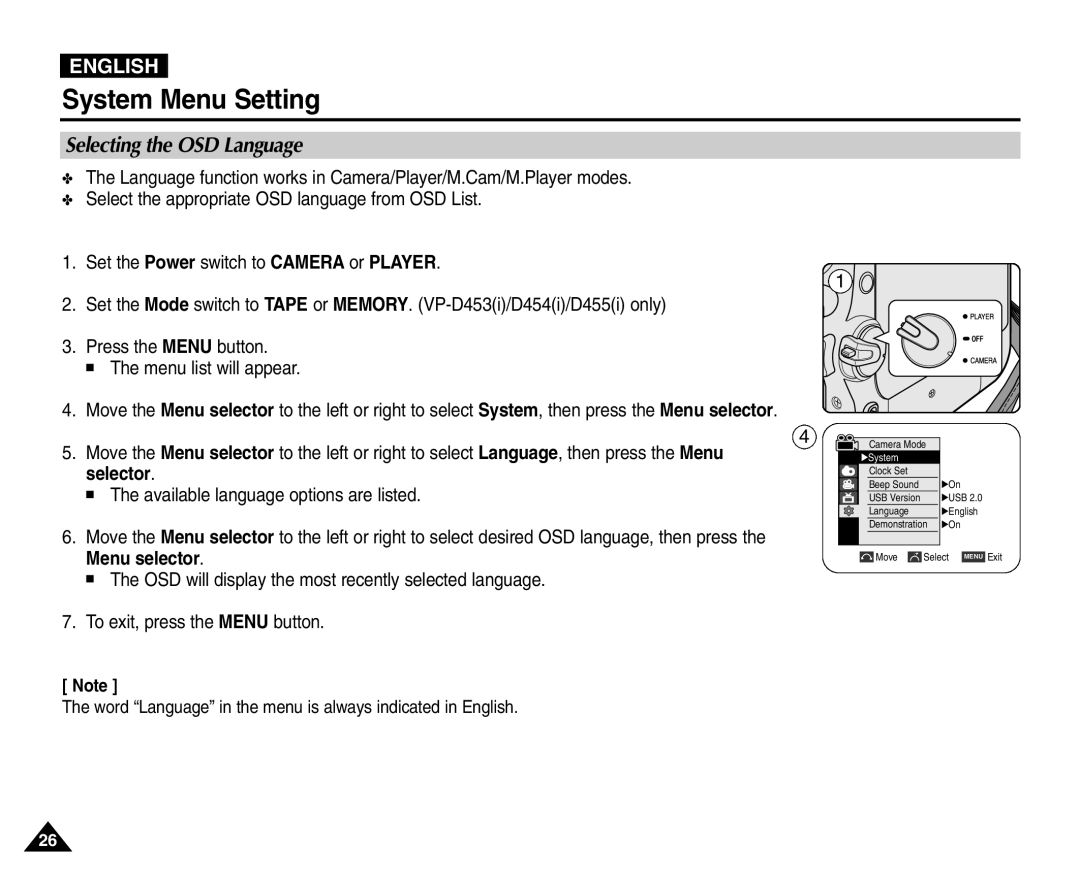 Samsung VP-D455(i) manual System Menu Setting, Selecting the OSD Language, Selector, Available language options are listed 