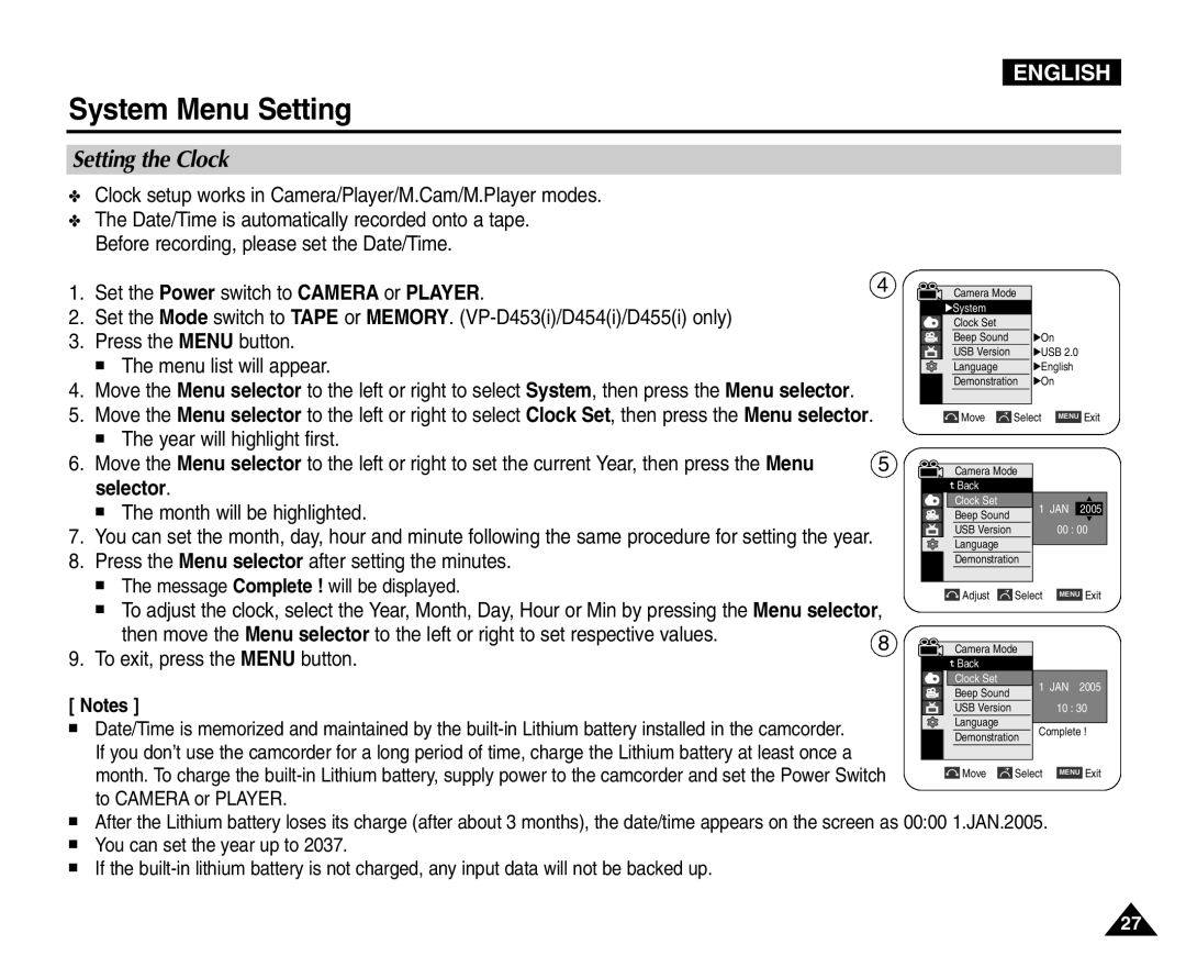 Samsung VP-D454(i), VP-D451(i), VP-D453(i) manual Setting the Clock, Clock setup works in Camera/Player/M.Cam/M.Player modes 