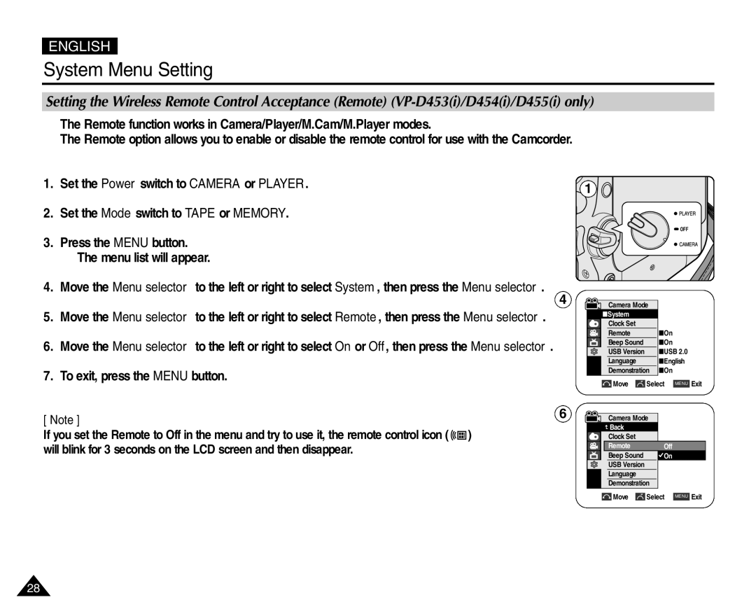 Samsung VP-D451(i), VP-D453(i), VP-D455(i), VP-D454(i) manual Remote function works in Camera/Player/M.Cam/M.Player modes 