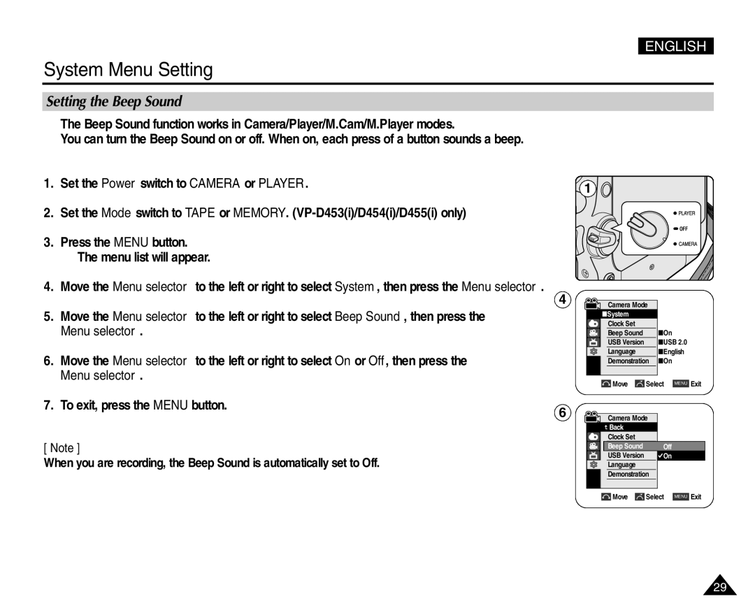 Samsung VP-D453(i), VP-D451(i), VP-D455(i), VP-D454(i) manual Setting the Beep Sound 