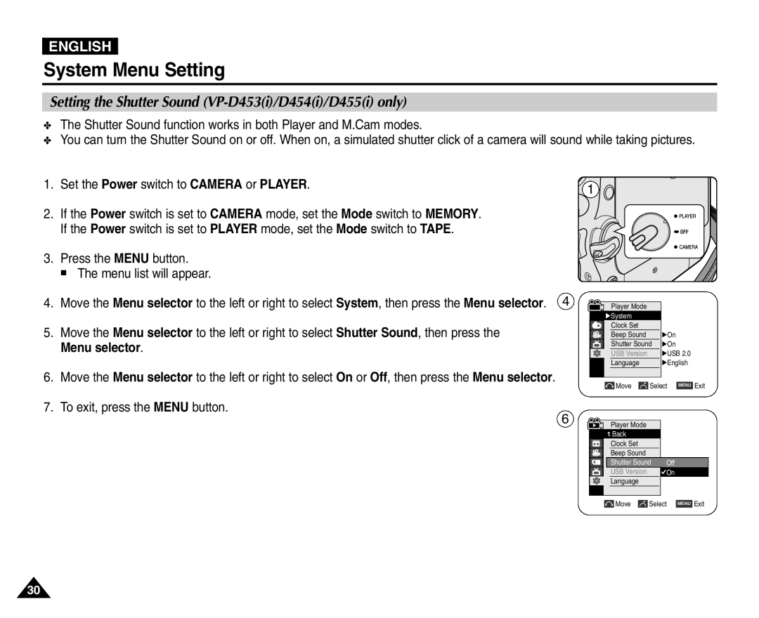 Samsung VP-D455(i) manual Setting the Shutter Sound VP-D453i/D454i/D455i only, Press the Menu button Menu list will appear 