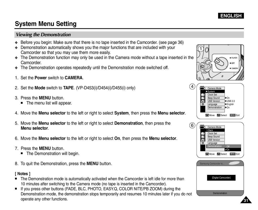 Samsung VP-D454(i), VP-D451(i), VP-D453(i) manual Viewing the Demonstration, Press the Menu button Demonstration will begin 