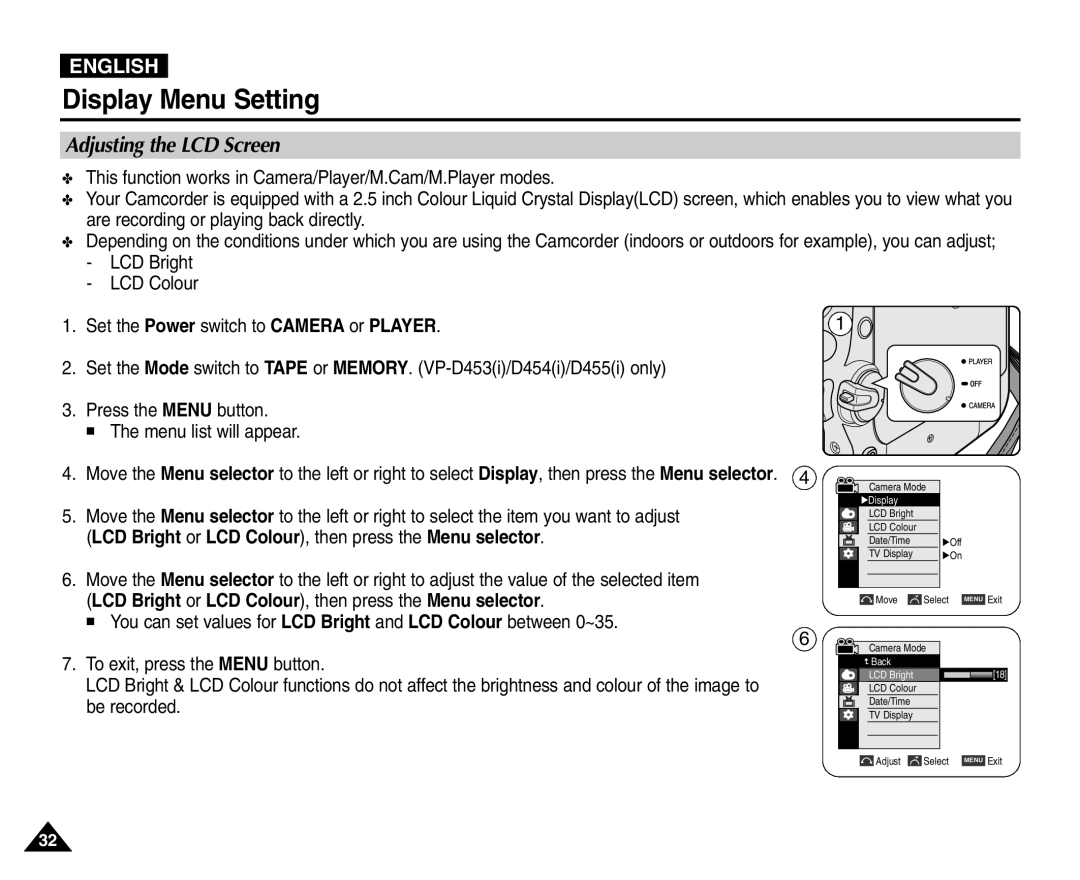 Samsung VP-D451(i), VP-D453(i), VP-D455(i), VP-D454(i) manual Display Menu Setting, Adjusting the LCD Screen 