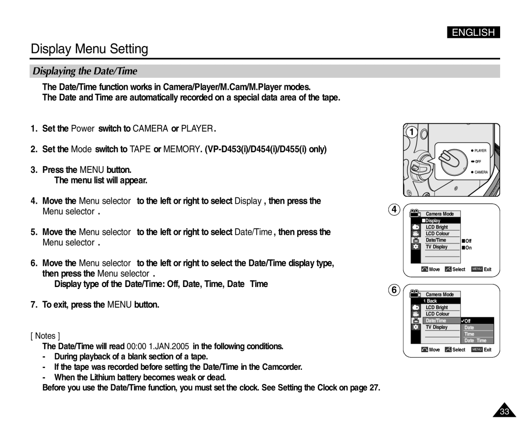 Samsung VP-D453(i), VP-D451(i), VP-D455(i), VP-D454(i) manual Displaying the Date/Time 