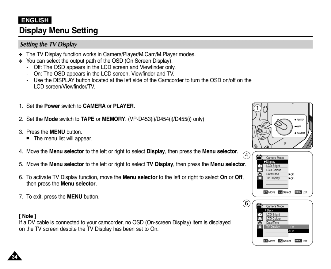 Samsung VP-D455(i), VP-D451(i), VP-D453(i), VP-D454(i) manual Setting the TV Display 