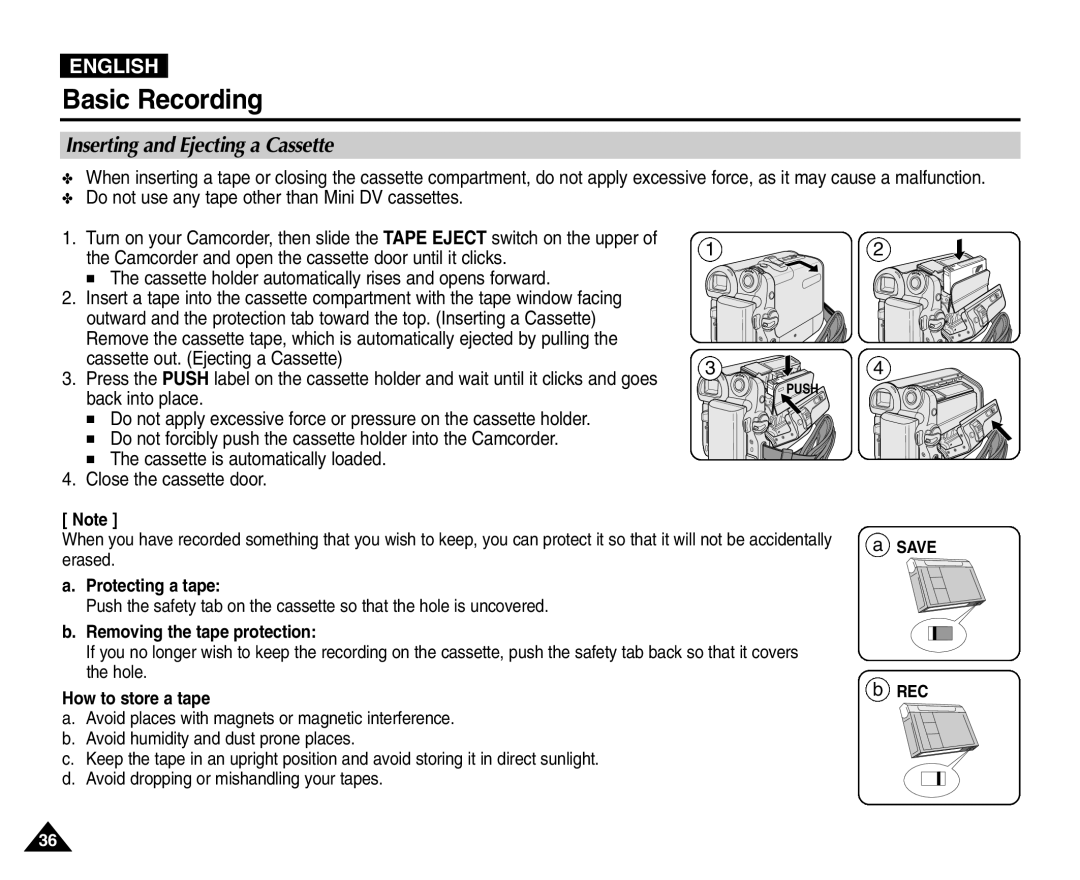 Samsung VP-D451(i), VP-D453(i), VP-D455(i), VP-D454(i) manual Inserting and Ejecting a Cassette, Removing the tape protection 