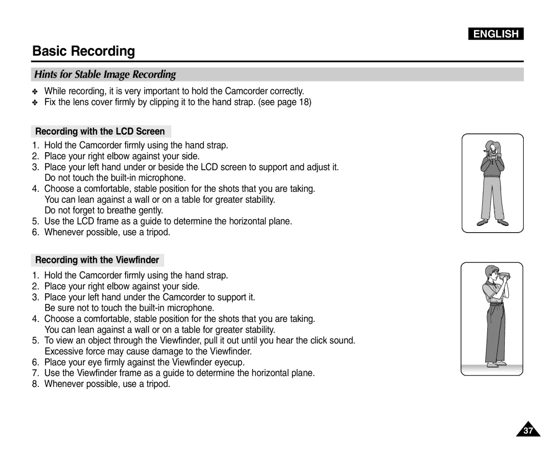 Samsung VP-D453(i) manual Hints for Stable Image Recording, Recording with the LCD Screen, Recording with the Viewfinder 