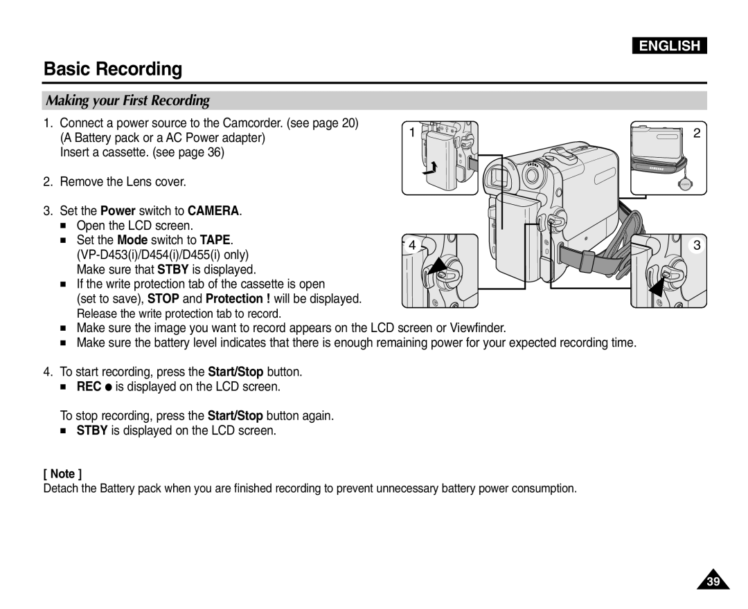 Samsung VP-D454(i), VP-D451(i), VP-D453(i), VP-D455(i) manual Making your First Recording, Battery pack or a AC Power adapter 