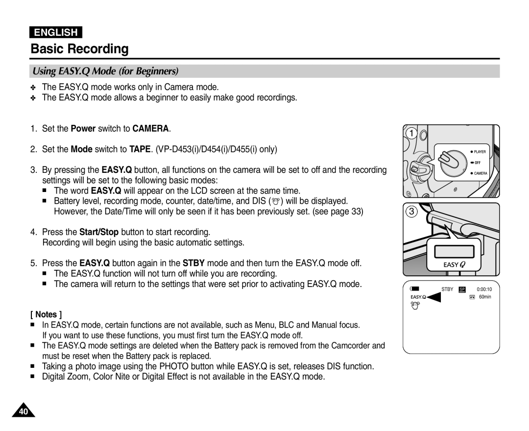 Samsung VP-D451(i), VP-D453(i), VP-D455(i), VP-D454(i) manual Using EASY.Q Mode for Beginners 