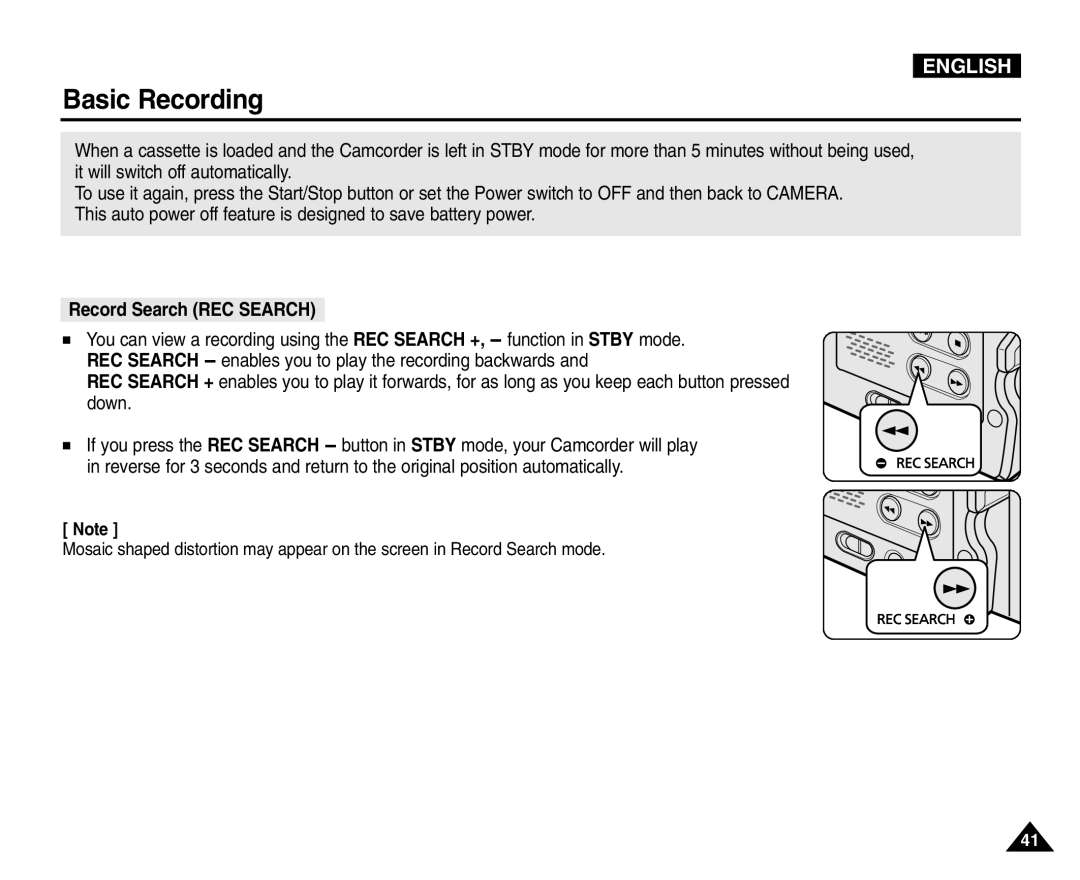 Samsung VP-D453(i), VP-D451(i) manual Record Search REC Search, REC Search enables you to play the recording backwards, Down 