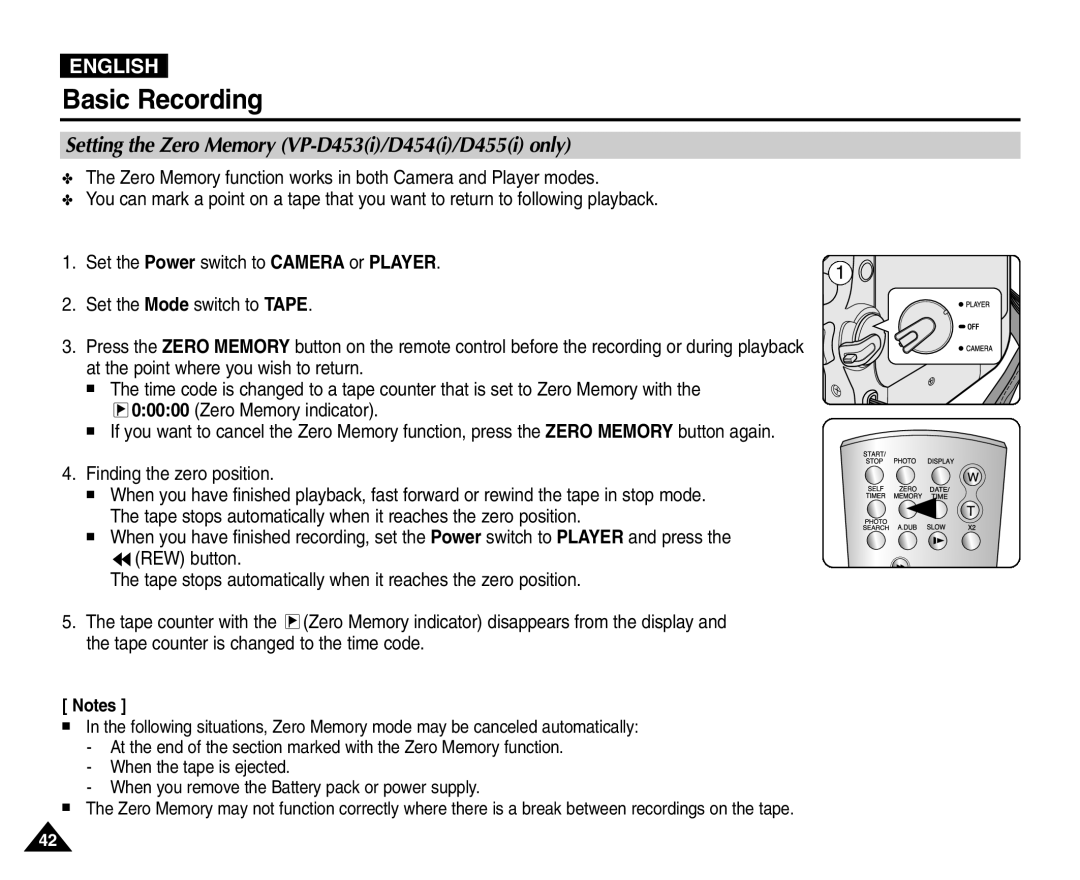 Samsung VP-D455(i), VP-D451(i), VP-D453(i), VP-D454(i) manual Setting the Zero Memory VP-D453i/D454i/D455i only 