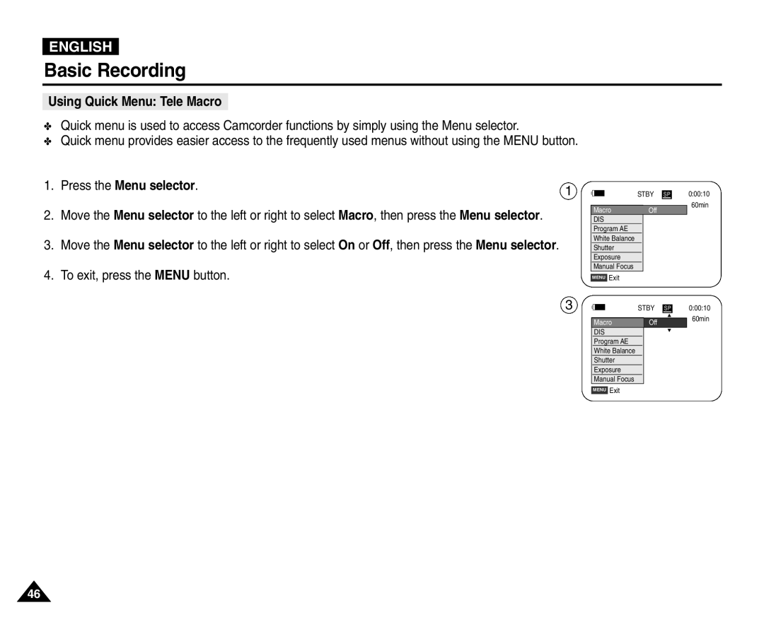 Samsung VP-D455(i), VP-D451(i), VP-D453(i), VP-D454(i) manual Using Quick Menu Tele Macro, Stby 