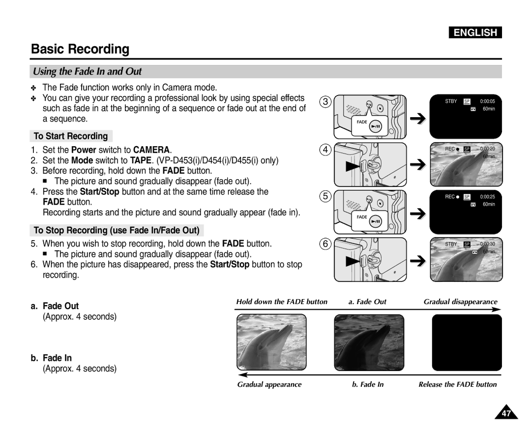 Samsung VP-D454(i), VP-D451(i) manual Using the Fade In and Out, To Start Recording, To Stop Recording use Fade In/Fade Out 