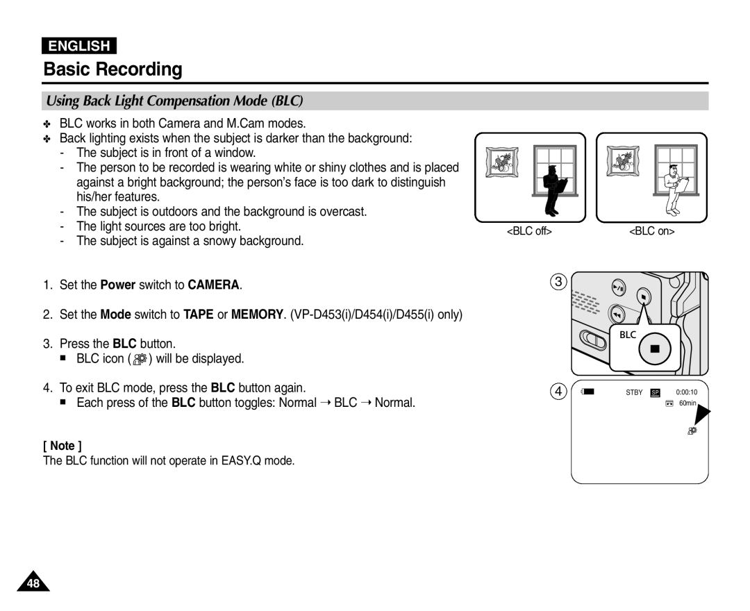 Samsung VP-D451(i), VP-D453(i), VP-D455(i), VP-D454(i) manual Using Back Light Compensation Mode BLC 