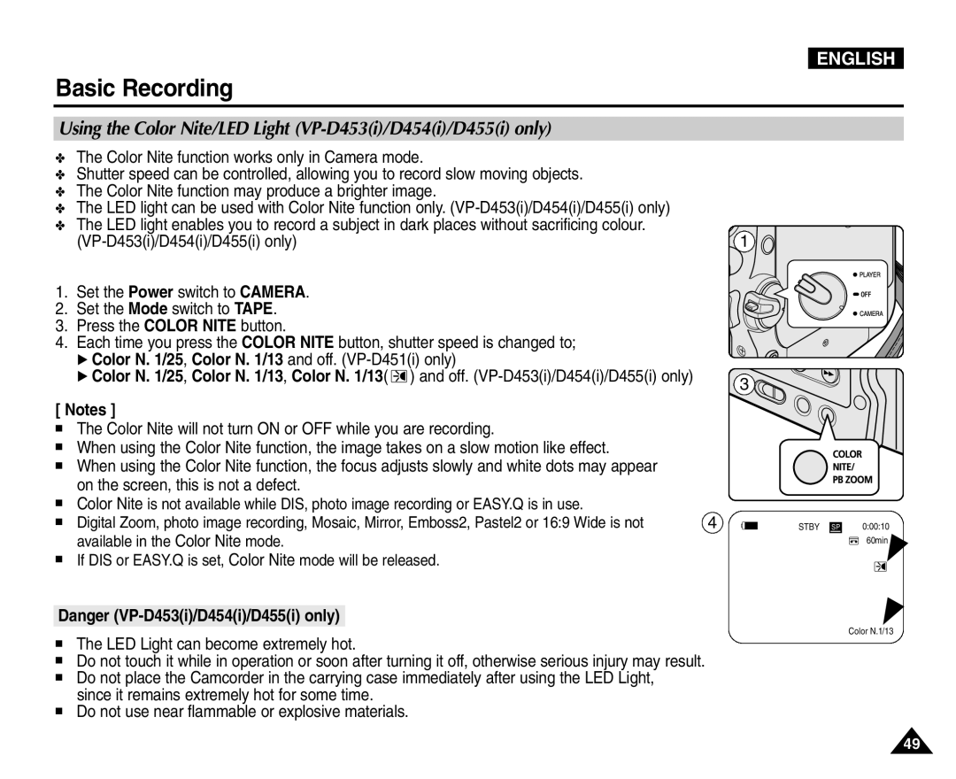 Samsung VP-D453(i) manual Using the Color Nite/LED Light VP-D453i/D454i/D455i only, LED Light can become extremely hot 