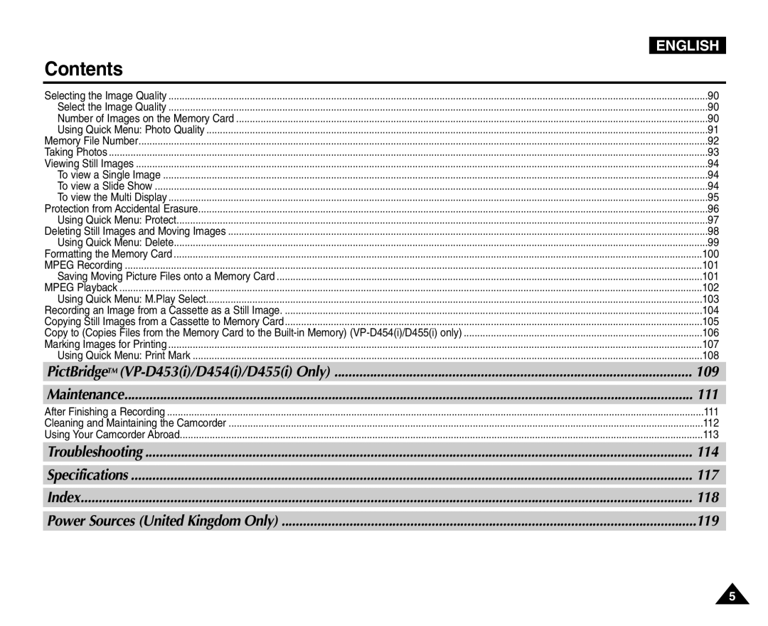 Samsung VP-D453(i), VP-D451(i), VP-D455(i), VP-D454(i) manual 109, 111, 114, 117, 118, 119 