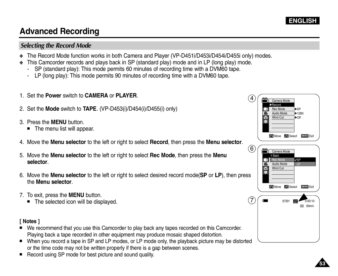 Samsung VP-D453(i), VP-D451(i), VP-D455(i), VP-D454(i) manual Selecting the Record Mode 