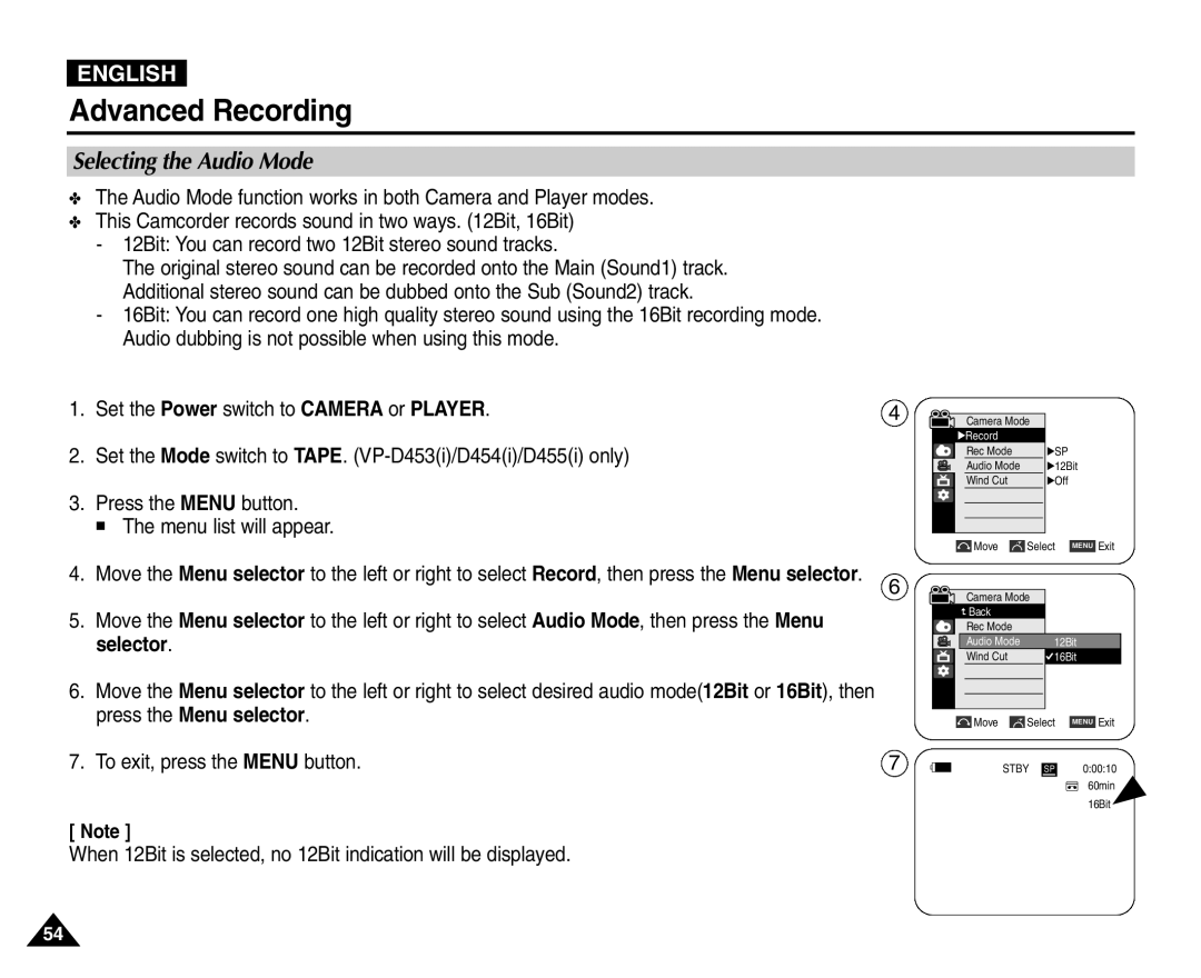 Samsung VP-D455(i), VP-D451(i), VP-D453(i), VP-D454(i) Selecting the Audio Mode, Press the Menu button Menu list will appear 