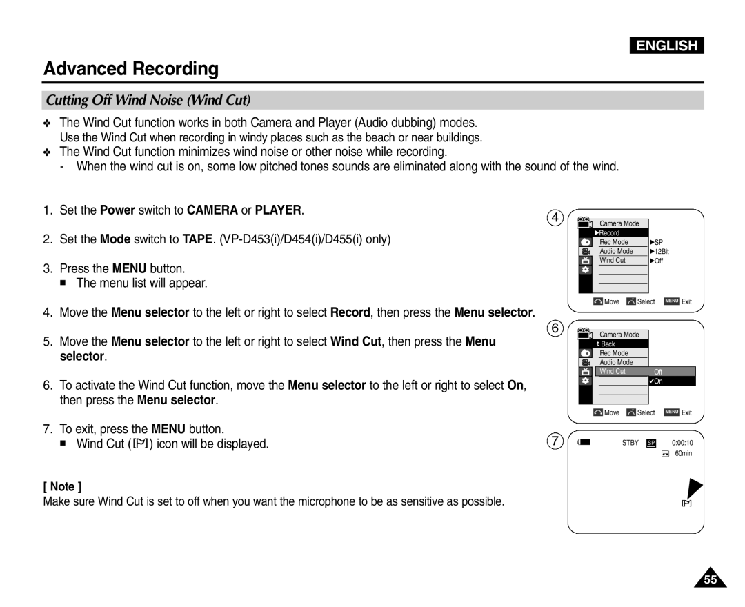 Samsung VP-D454(i), VP-D451(i), VP-D453(i), VP-D455(i) manual Cutting Off Wind Noise Wind Cut, Then press the Menu selector 