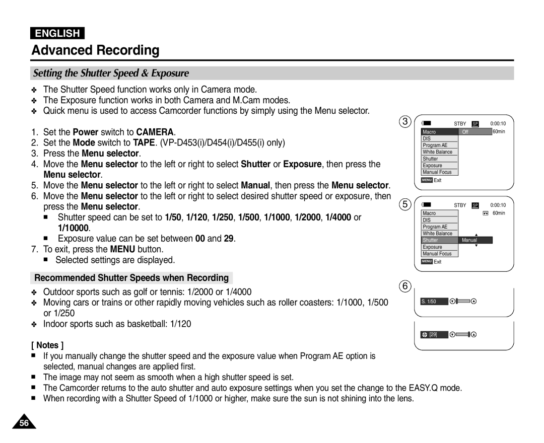 Samsung VP-D451(i), VP-D453(i), VP-D455(i), VP-D454(i) manual Setting the Shutter Speed & Exposure, Press the Menu selector 