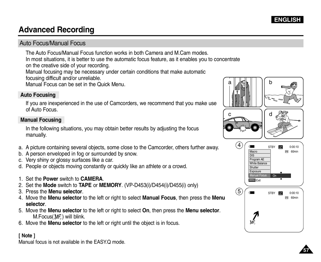 Samsung VP-D453(i), VP-D451(i), VP-D455(i), VP-D454(i) manual Auto Focus/Manual Focus, Auto Focusing, Manual Focusing 