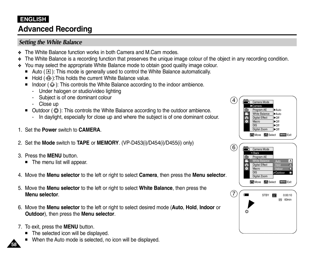 Samsung VP-D455(i), VP-D451(i), VP-D453(i), VP-D454(i) manual Close up, English 