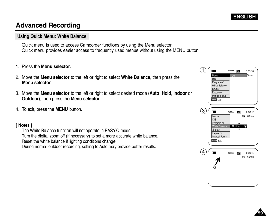 Samsung VP-D454(i), VP-D451(i), VP-D453(i), VP-D455(i) manual Using Quick Menu White Balance, Press the Menu selector 