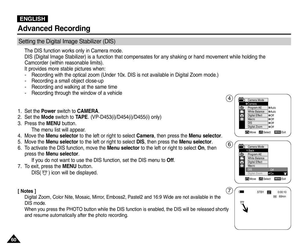 Samsung VP-D451(i), VP-D453(i), VP-D455(i), VP-D454(i) manual Setting the Digital Image Stabilizer DIS 