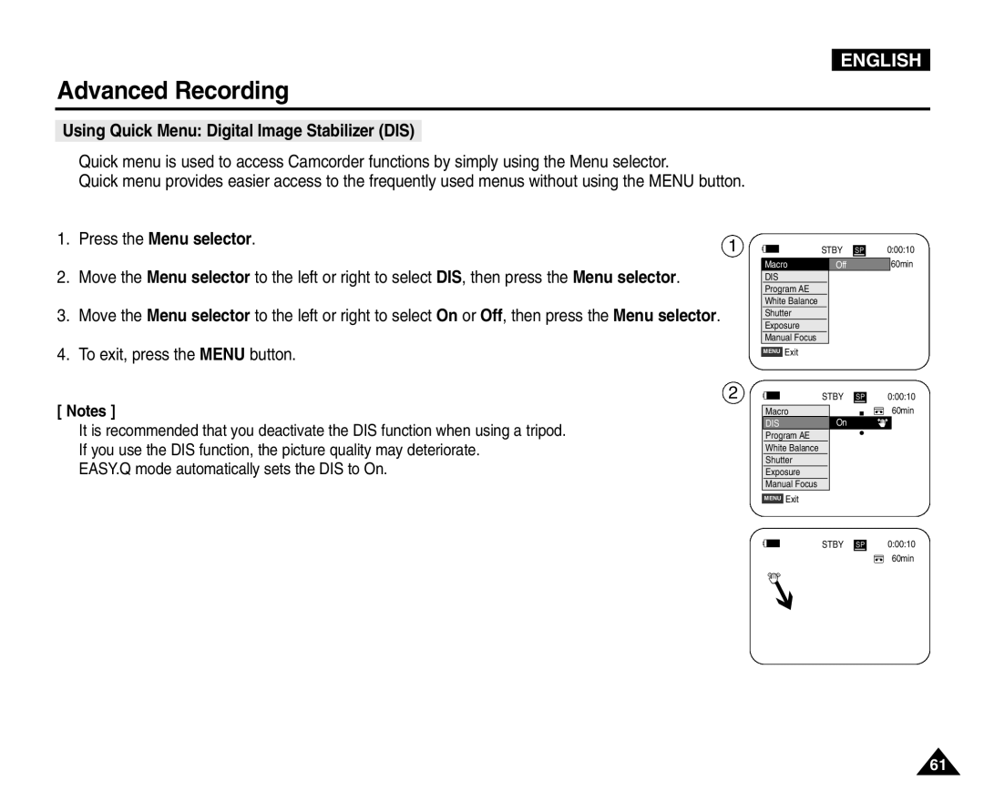 Samsung VP-D453(i), VP-D451(i), VP-D455(i), VP-D454(i) manual Using Quick Menu Digital Image Stabilizer DIS 