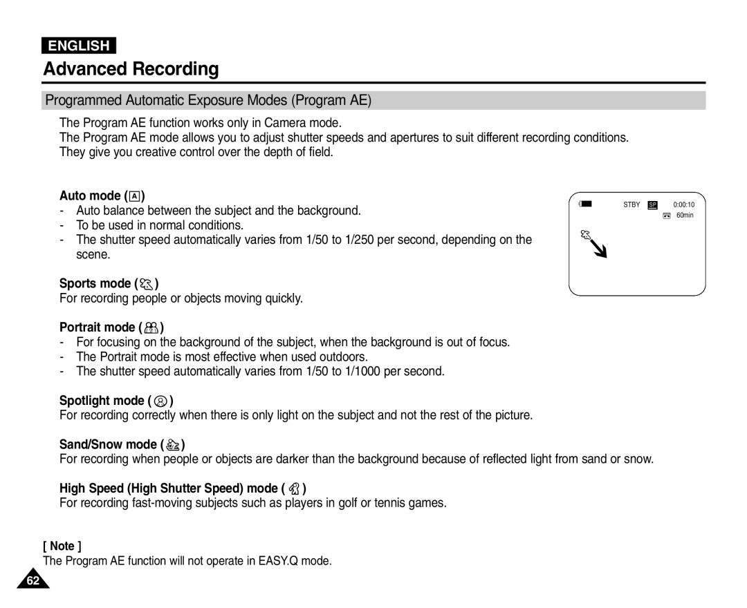 Samsung VP-D455(i), VP-D451(i), VP-D453(i), VP-D454(i) manual Programmed Automatic Exposure Modes Program AE 