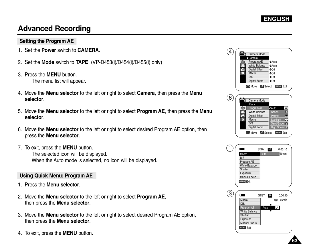 Samsung VP-D454(i), VP-D451(i), VP-D453(i) manual Setting the Program AE, Using Quick Menu Program AE Press the Menu selector 