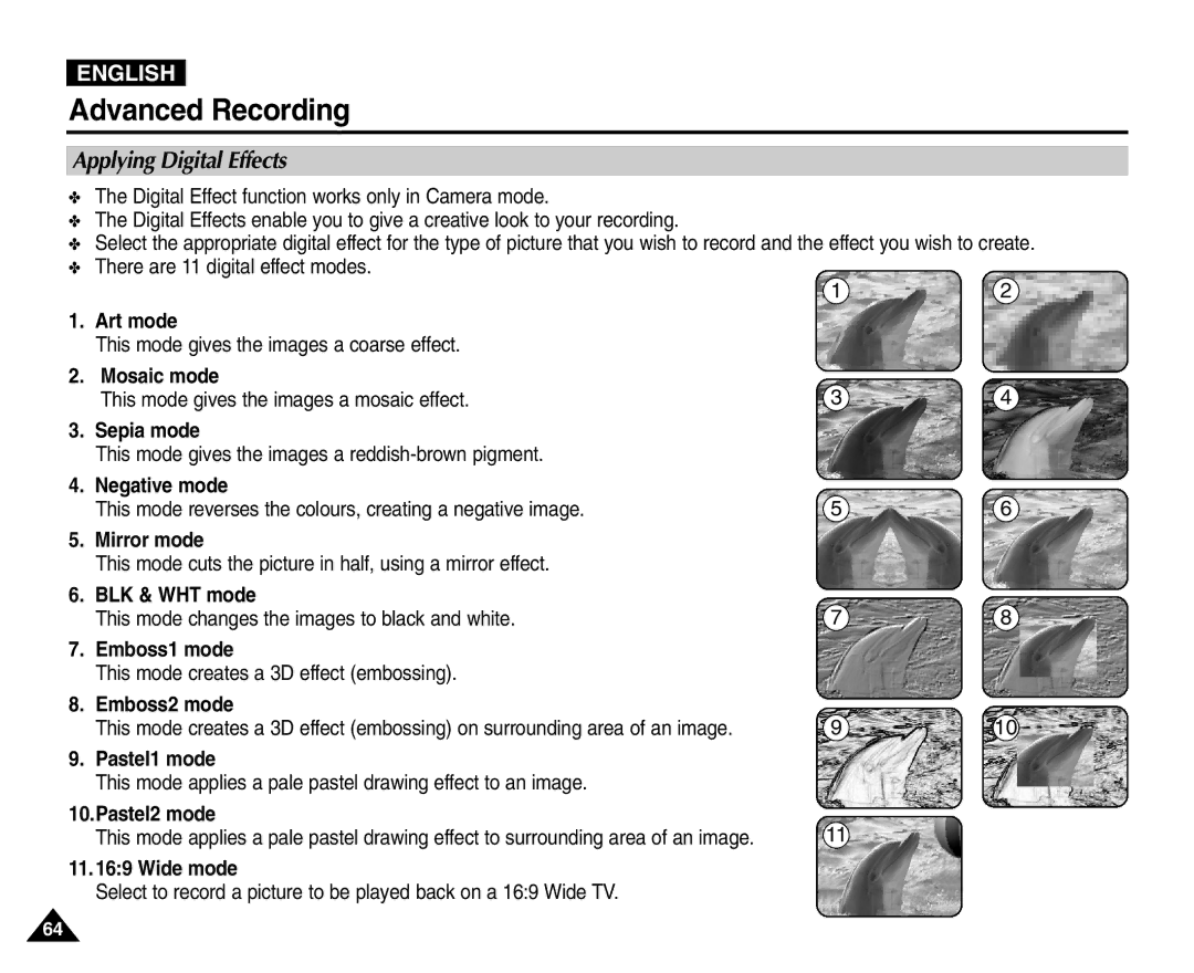 Samsung VP-D451(i), VP-D453(i), VP-D455(i), VP-D454(i) manual Applying Digital Effects 