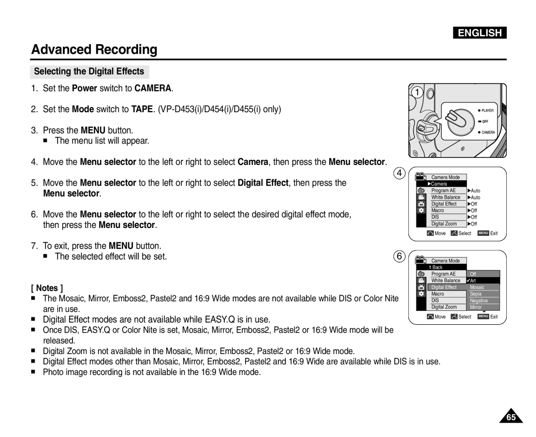 Samsung VP-D453(i), VP-D451(i) Selecting the Digital Effects, To exit, press the Menu button Selected effect will be set 