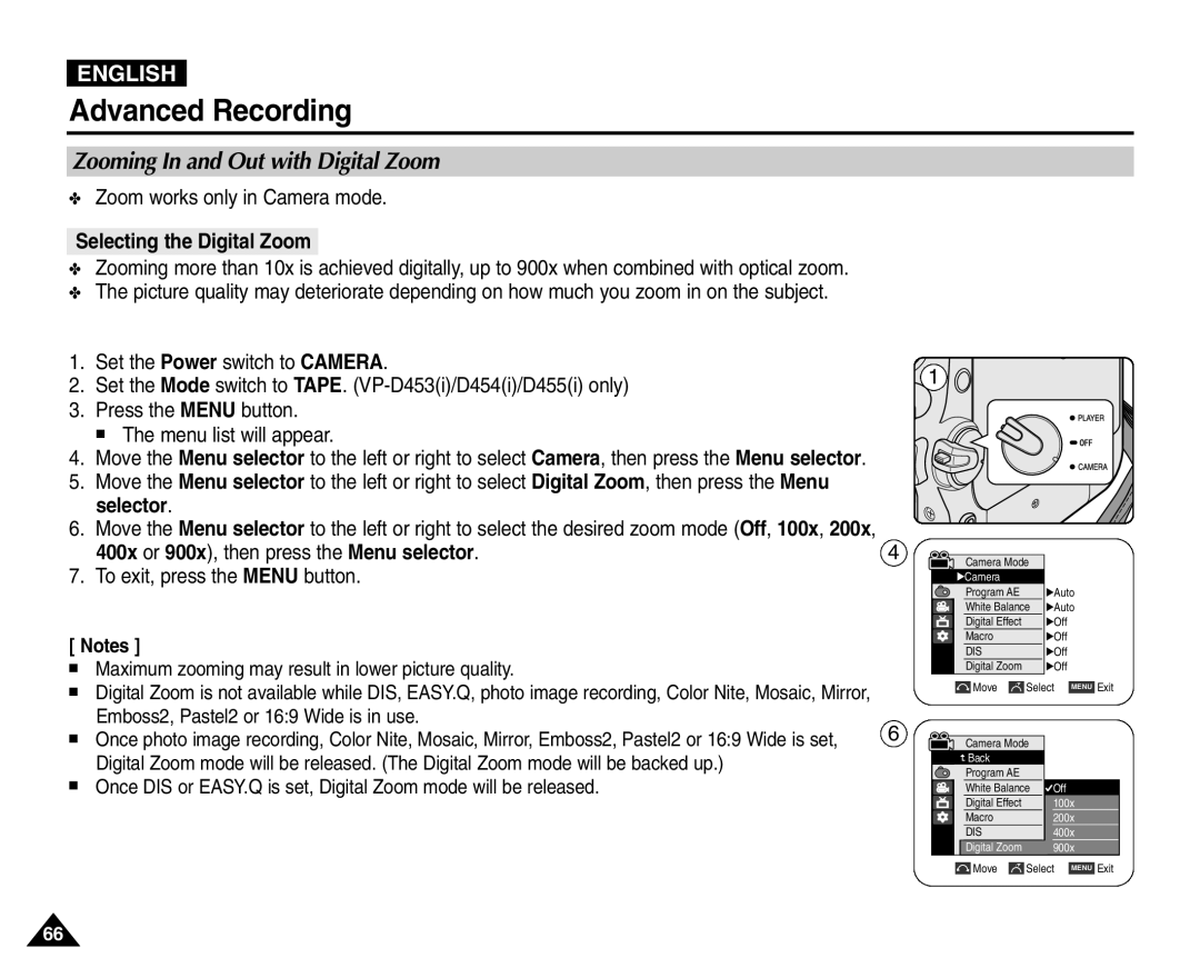 Samsung VP-D455(i) manual Zooming In and Out with Digital Zoom, Zoom works only in Camera mode, Selecting the Digital Zoom 