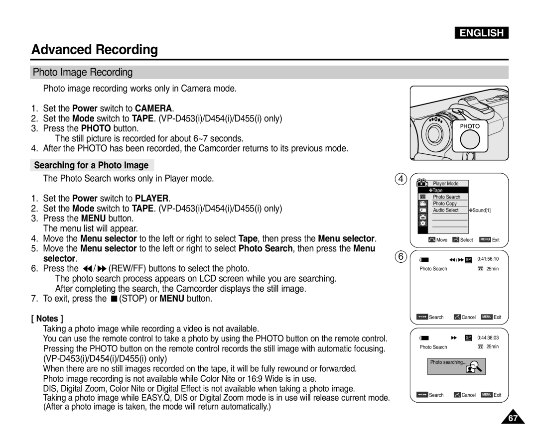 Samsung VP-D454(i), VP-D451(i), VP-D453(i) Photo Image Recording, Searching for a Photo Image, VP-D453i/D454i/D455i only 