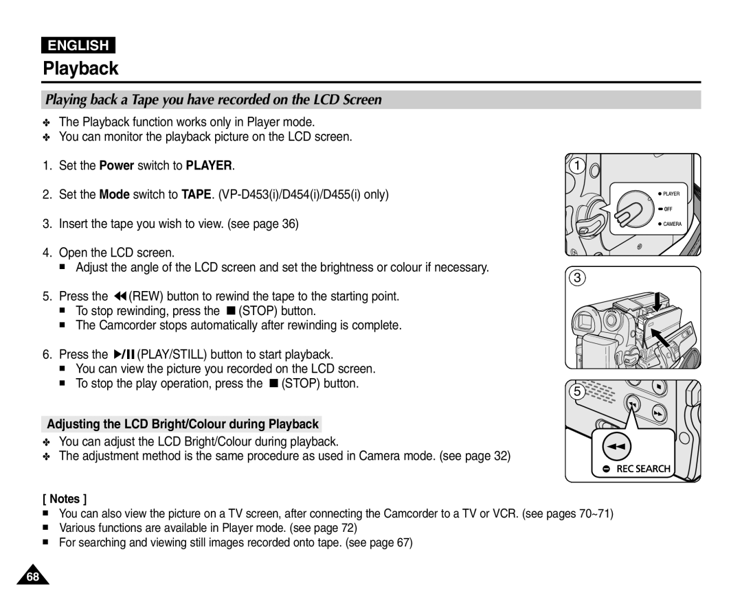 Samsung VP-D451(i), VP-D453(i), VP-D455(i), VP-D454(i) Playback, Playing back a Tape you have recorded on the LCD Screen 