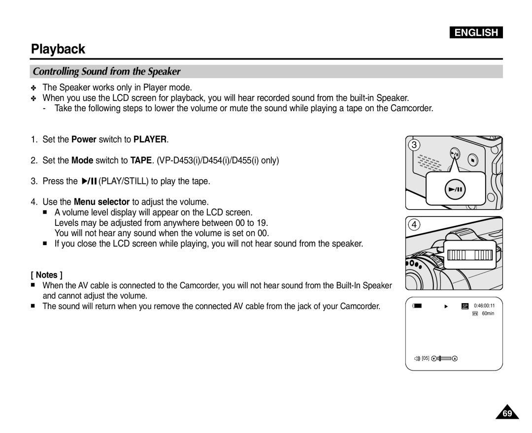 Samsung VP-D453(i), VP-D451(i), VP-D455(i), VP-D454(i) manual Controlling Sound from the Speaker 