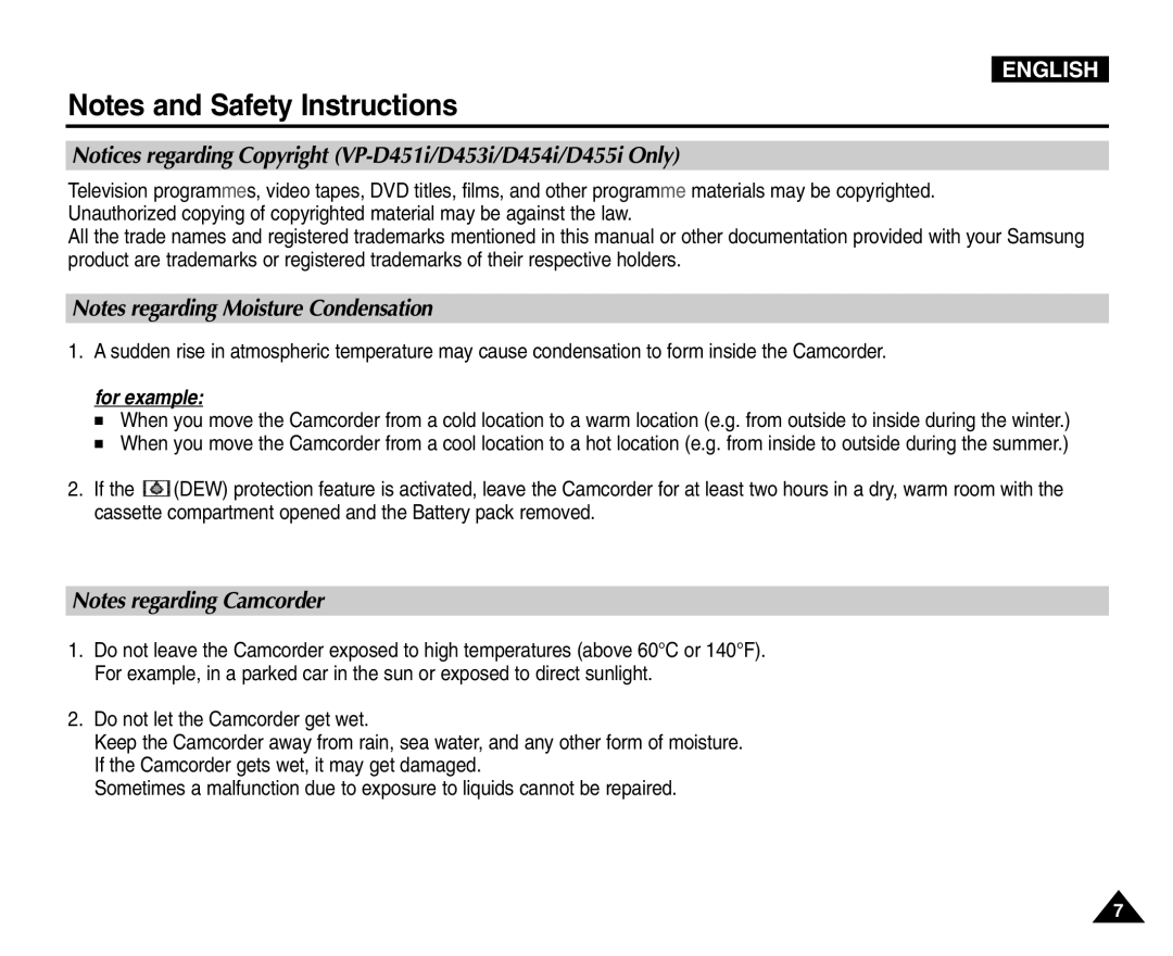 Samsung VP-D454(i), VP-D451(i), VP-D453(i), VP-D455(i) manual English 